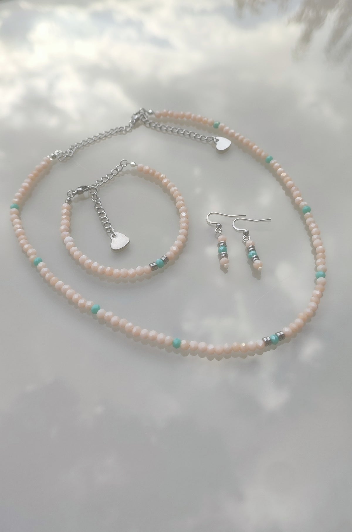 Set Bijuterii Handmade cu Mărgele Fațetate și Oțel Inoxidabil – Roz, Piersică & Turcoaz