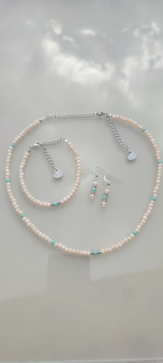 Set Bijuterii Handmade cu Mărgele Fațetate și Oțel Inoxidabil – Roz, Piersică & Turcoaz