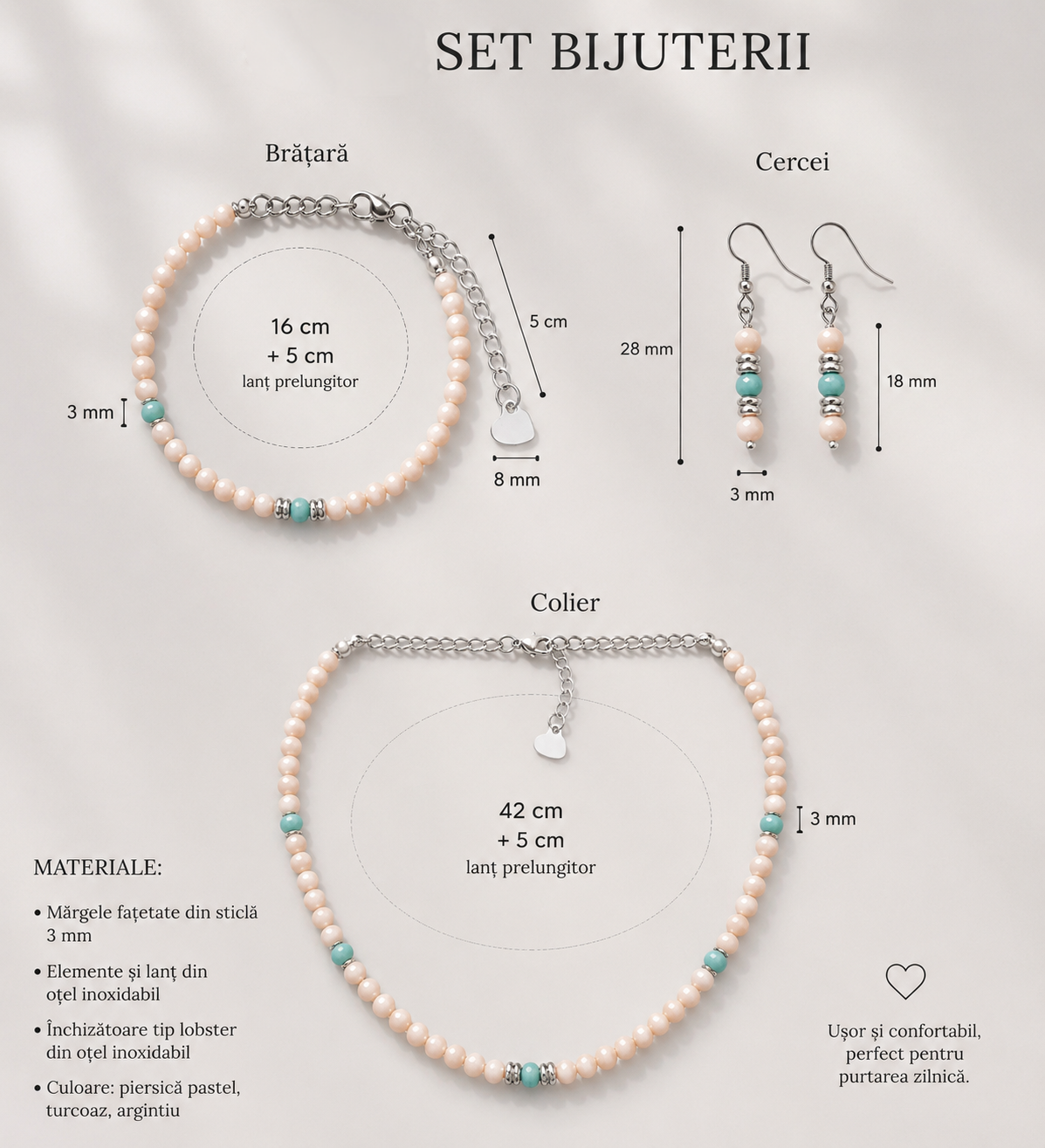 Set Bijuterii Handmade cu Mărgele Fațetate și Oțel Inoxidabil – Roz, Piersică & Turcoaz