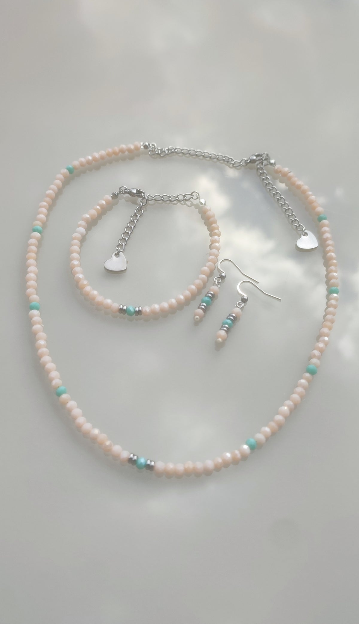 Set Bijuterii Handmade cu Mărgele Fațetate și Oțel Inoxidabil – Roz, Piersică & Turcoaz