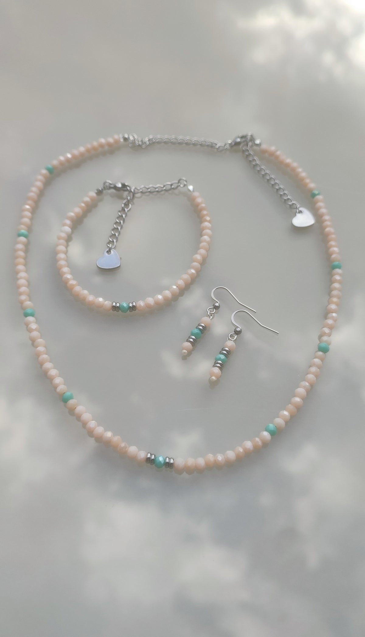 Set Bijuterii Handmade cu Mărgele Fațetate și Oțel Inoxidabil – Roz, Piersică & Turcoaz