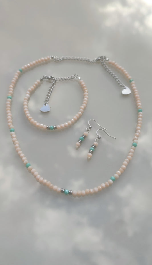 Set Bijuterii Handmade cu Mărgele Fațetate și Oțel Inoxidabil – Roz, Piersică & Turcoaz