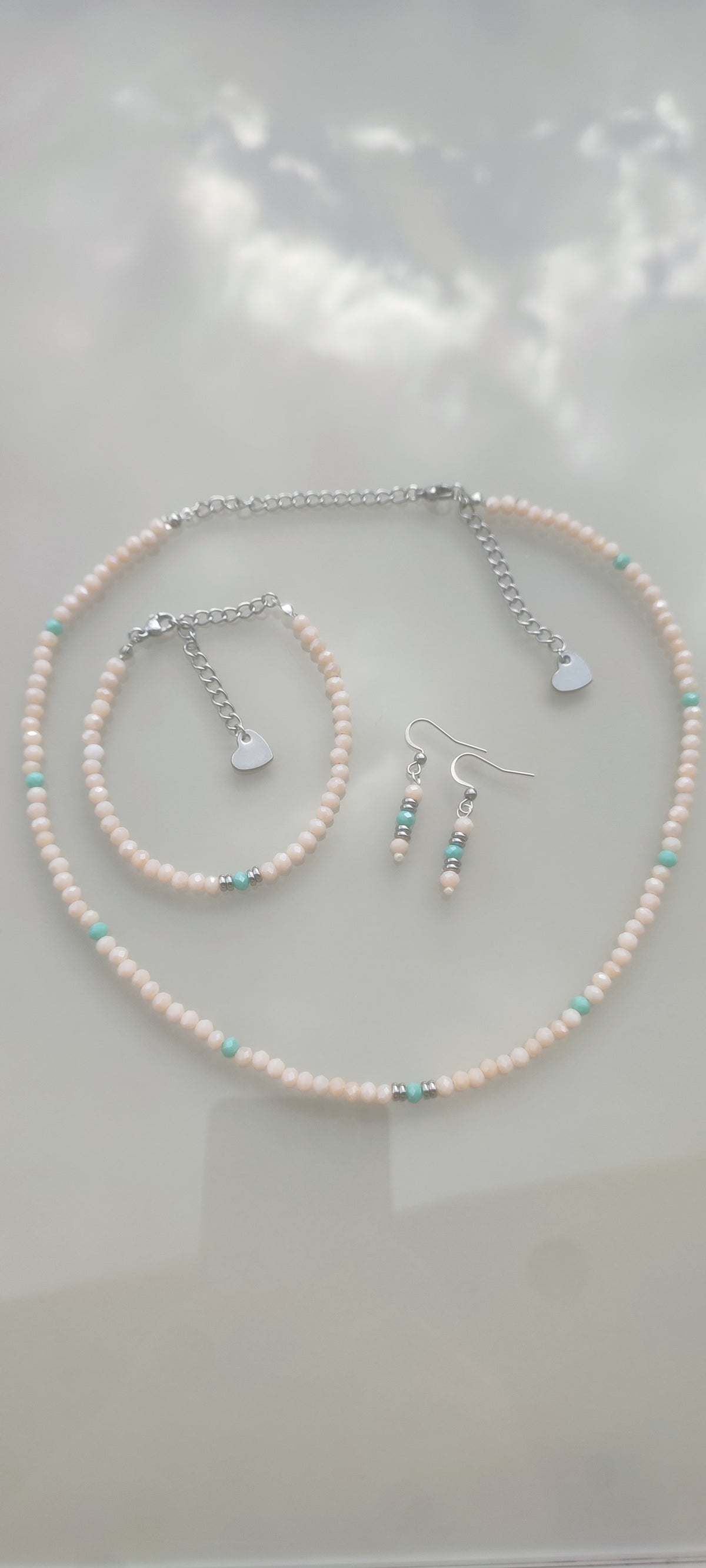 Set Bijuterii Handmade cu Mărgele Fațetate și Oțel Inoxidabil – Roz, Piersică & Turcoaz